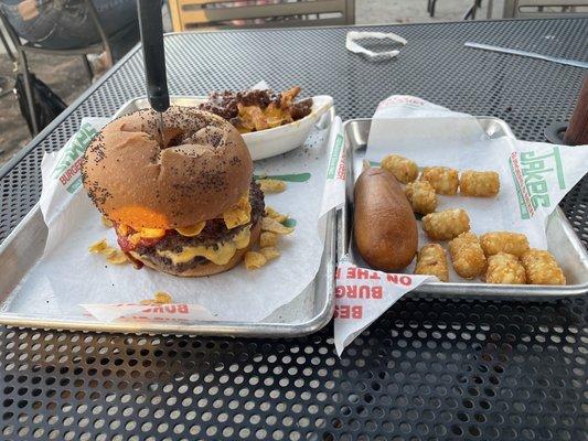 12 . Texas Chili Burger, corn dog, Cheddar chili Fries