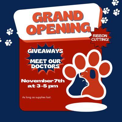 Come Join us for our Grand Opening on November 7th from 3-5 PM. There will be raffles and give aways while supplies last !