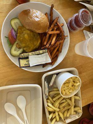 Kids Mac and cheese, kids burger with sweet potato fries