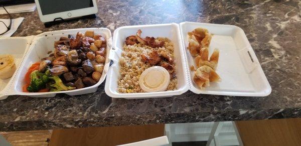 Steak, scallop, shrimp trio on left.
 Lil Hibachi with shrimp & rice on right with crab won ton