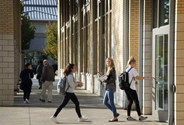 Collin College students entering the grand library at the Preston Ridge campus in Frisco.