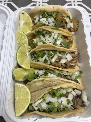 Tacos de lengua, carnitas, and chicharron