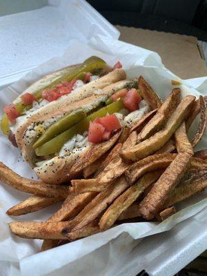 Chicago style hotdogs with fries.