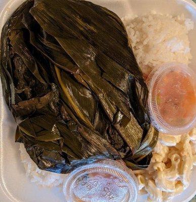 Lau lau (Steamed Pork that's wrapped in taro leaf)plate with lomi salmon rice & mac salad