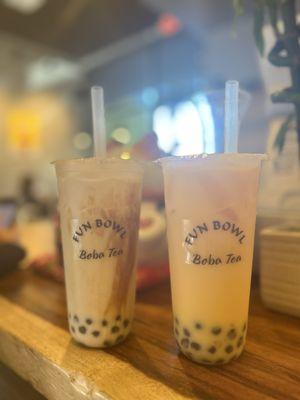 Brown Sugar tapioca Boba with black tea, and Mango non-caffeinated Boba with tapioca pearls