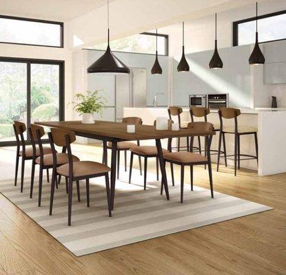 Contemporary wooden dining set with matching stools