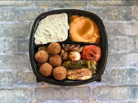 Veggie Plate with Rice, Spicy Hummus, and Cucumber Yogurt