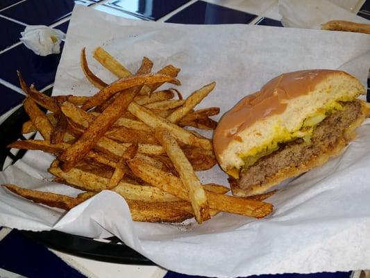 Cheeseburger and fries. Hood old fashioned style. Delicious!