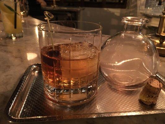 Smoky rye whiskey cocktail- great presentation, weak drink.