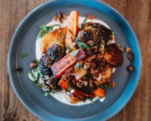 Grilled Seasonal Vegetables with Dijon Lebneh, Brown Butter, and Candied Pecans