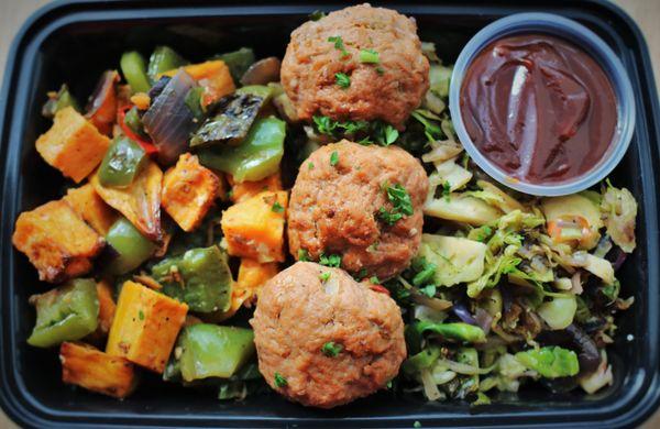 Texas BBQ Turkey Meatball: 6oz of handmade turkey meatballs, sweet potato hash, southern slaw