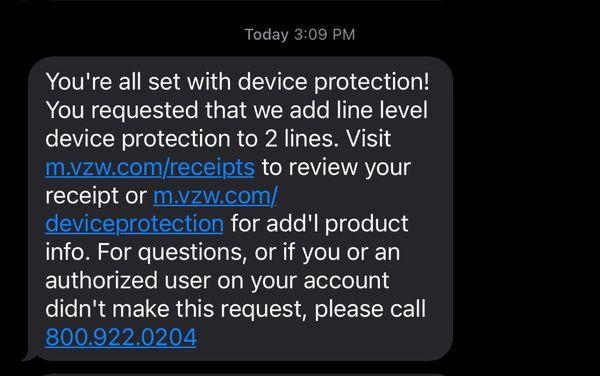 Never requested device protection... on two lines.