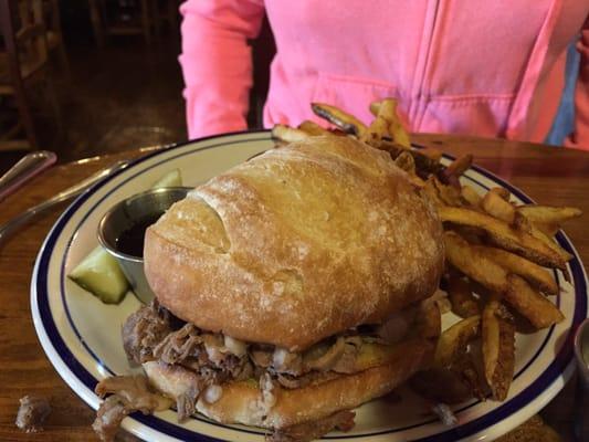 Prime rib sandwich, homemade horseradish sauce and awesome fries