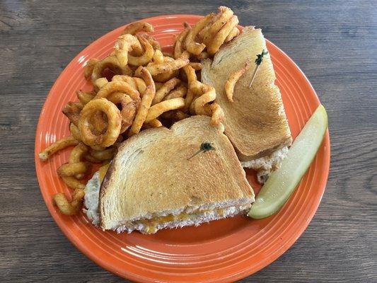 Tuna melt sandwich with a side of curly fries