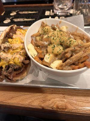 Chopped burger with a side of poutine