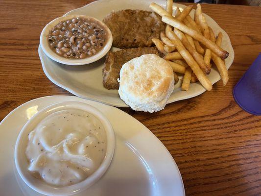 Country Fried Steak, Fries, Black-Eyed Peas, Biscuits and Gravy