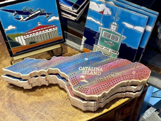 Catalina-shaped cribbage board, tiles, coasters