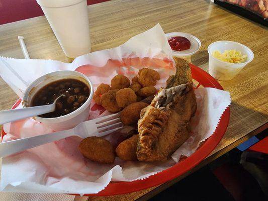 Croaker & 10 piece shrimp w Hush Puppies, baked beans & cole slaw