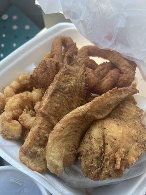 Fried Shrimp, Tilapia, and Hushpuppies