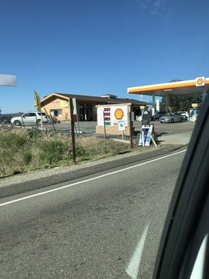 You can just see it from the freeway if you are looking carefully. It's across from a Chevron-which is a couple cents more.