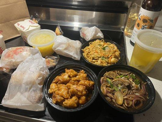 Orange Chicken, chicken Lo Mein, Mongolian Beef, Egg Drop Soup, Wonton Soup, Egg Roll