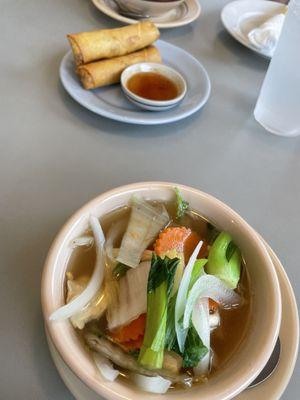 Chicken and veggie soup and veggie egg roll for lunch special