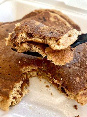 Chocolate chip pancakes made with wheat flour and wheat germ - nice and fluffy