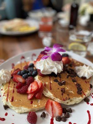 Berry blast pancakes with chocolate chips.