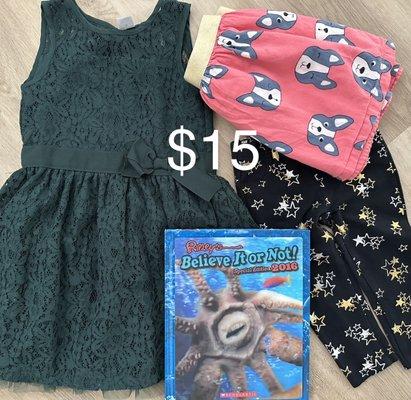 Christmas dress, skirt, pants and a hardback book for $15