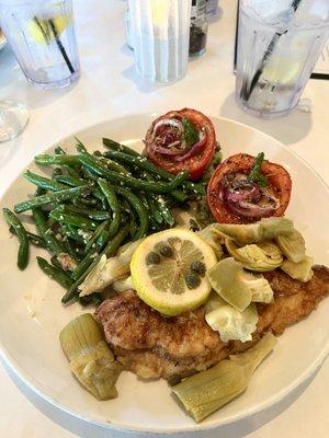 Sautéed Chicken Breast & Artichokes with capers & lemon in wine sauce, risotto cakes topped with balsamic tomatoes and garlicky green beans