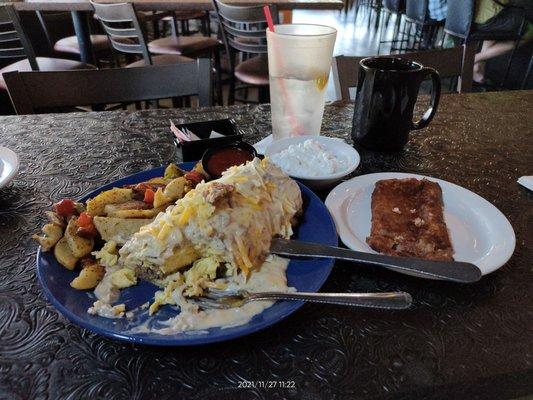 Cowboy Burrito w sides of Corned Beef Hash & Cottage Cheese.