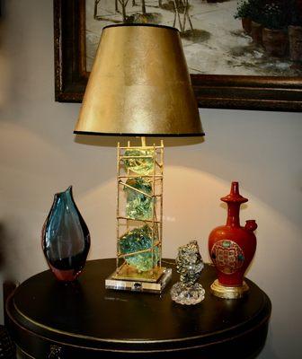 Glass Rock in Cage w/ Gold Leaf Shade