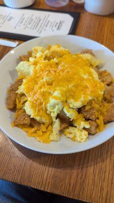 Crispy chicken bowl (fried frozen hash browns and chicken tenders, fluffy eggs)