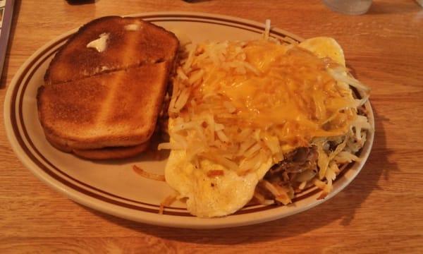 Stuffed hash browns with rye toast. Great for a hang over.