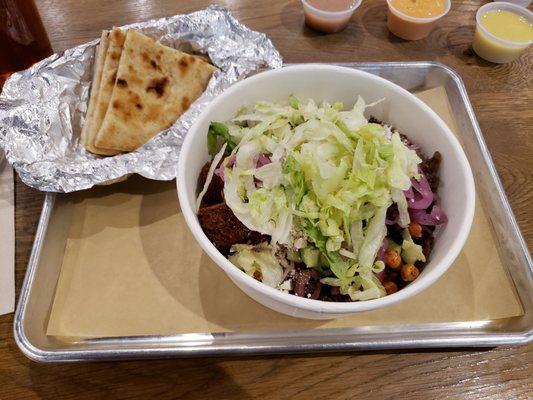 Bowl with beef/lamb, falafel, and lots of other delicious stuff!