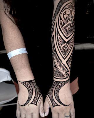 Polynesian Tribal sleeve and hand tattoo design