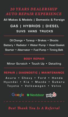 Electrical * Body * Mechanical 
Auto Repairs