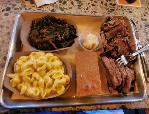 Collards, Mac and cheese, pulled pork and brisket