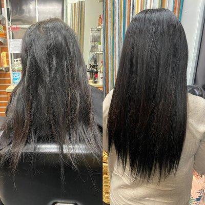 Before and after hand tied extensions