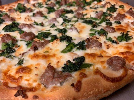 The One with Sausage and Broccoli Rabe (white pizza with fresh sausage, broccoli rabe, garlic and white beans)