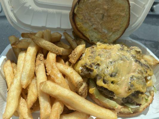 Daily special smash burger with fries and fountain soda