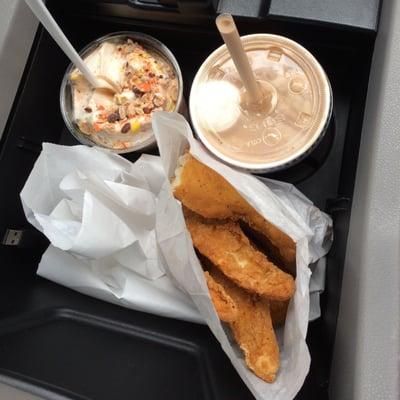 Reese's storm, chocolate malt and chicken tenders.