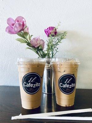 Iced white chocolate mocha latte and iced caramel latte