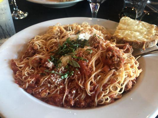 Basil and Angel Hair Pomodoro with crumbled mild sausage (portion could feed 3)