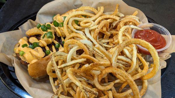 Surf 'N Turf Dog (andouille sausage, fried shrimp, green onions) and Potato Nest