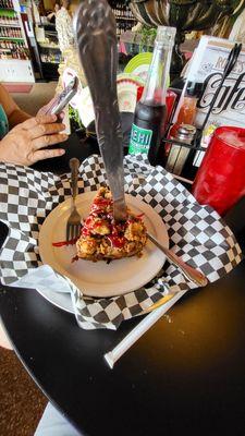 Bread pudding and raspberry drizzle