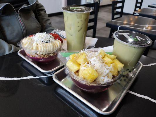 Dragon Berry Bowl and Large Iced Matcha Green Tea (left); Tropical Acai Bowl and Medium Matcha Milk Tea with Sabu (right)