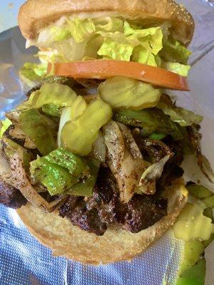 Hamburger with grill green bell peppers & grill onion