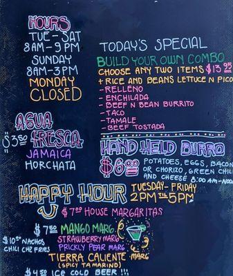 Happy hour times, location hours,  drink prices.