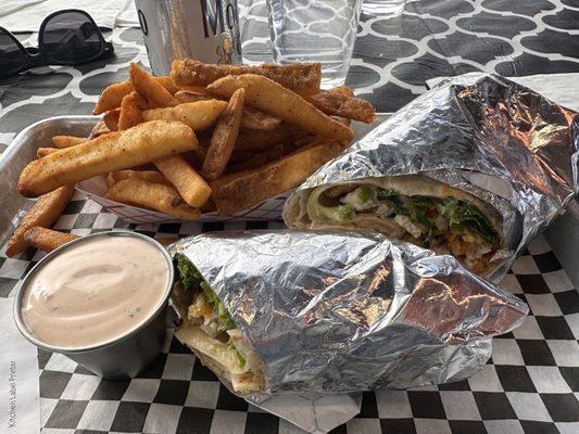 Chicken wrap with fries and Skosh sauce